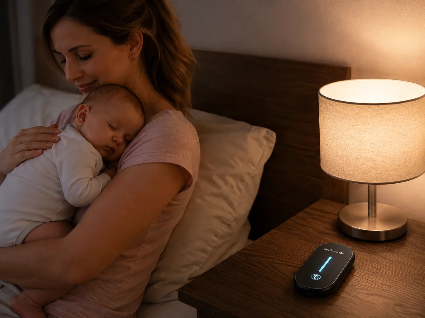 Une mère tenant son bébé endormi à côté d'un emGuarde posé sur la table de chevet
